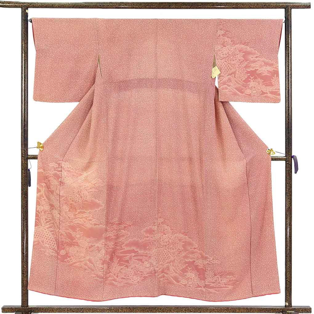 訪問着 リサイクル着物 身丈154cm 裄66cm 前幅26cm 後幅30cm 袖丈46cm 袖幅33cm レディース 袷 雉 裄長 裄M-Lサイズ 秋冬春用 正絹（シルク）ピンク やや難 リメイク リユース【ランクB】