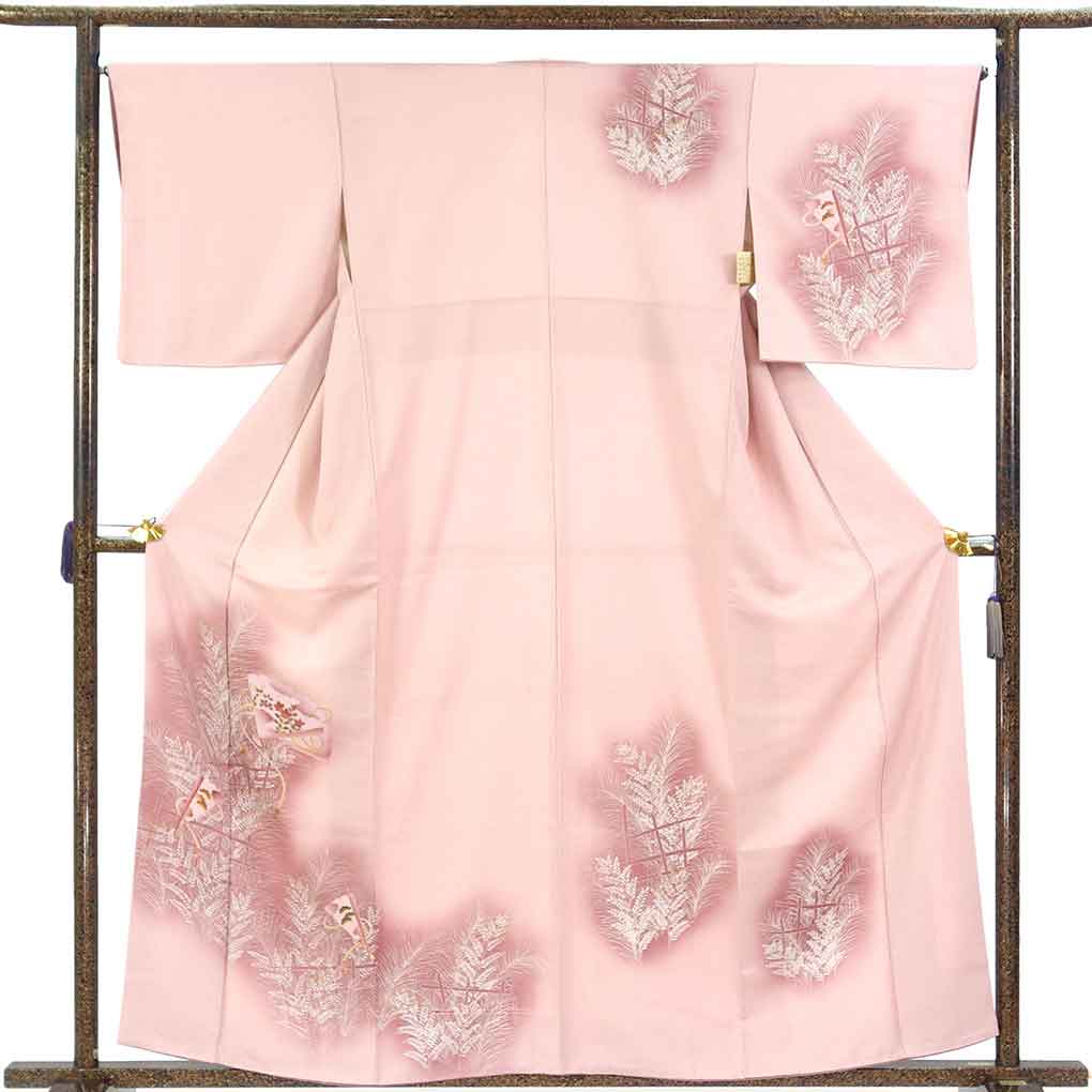 訪問着 リサイクル着物 身丈160cm 裄66cm 前幅24cm 後幅29cm 袖丈48cm 袖幅33cm レディース 袷 扇面 裄長 裄M-Lサイズ 秋冬春用 正絹（シルク）ピンク やや難 リメイク リユース【ランクB】