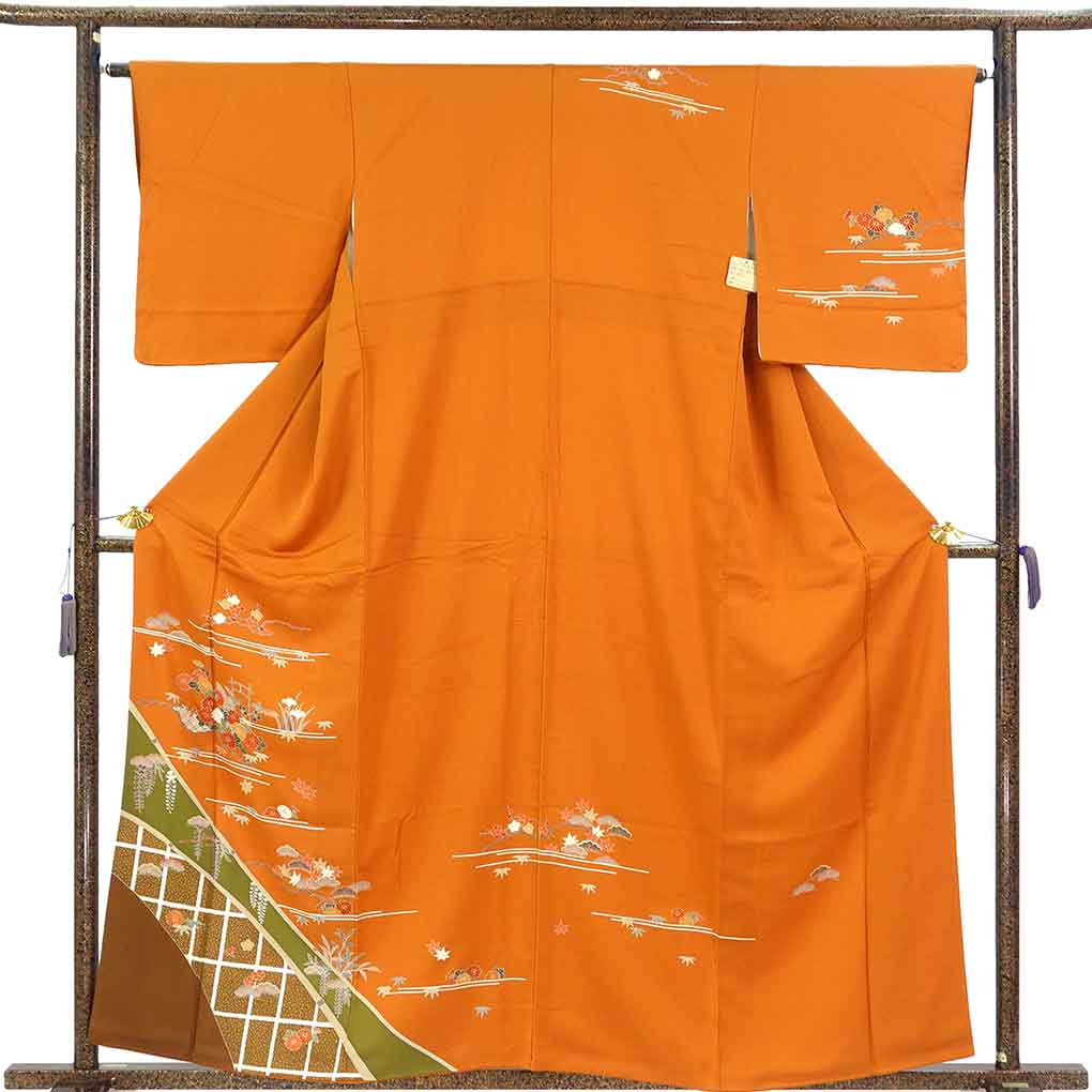 訪問着 リサイクル着物 身丈159cm 裄64cm 前幅24cm 後幅30cm 袖丈48cm 袖幅32cm レディース 袷 四季の花柄 裄Mサイズ 秋冬春用 正絹（シルク）ブラウン 未使用品 リメイク リユース【ランクS】