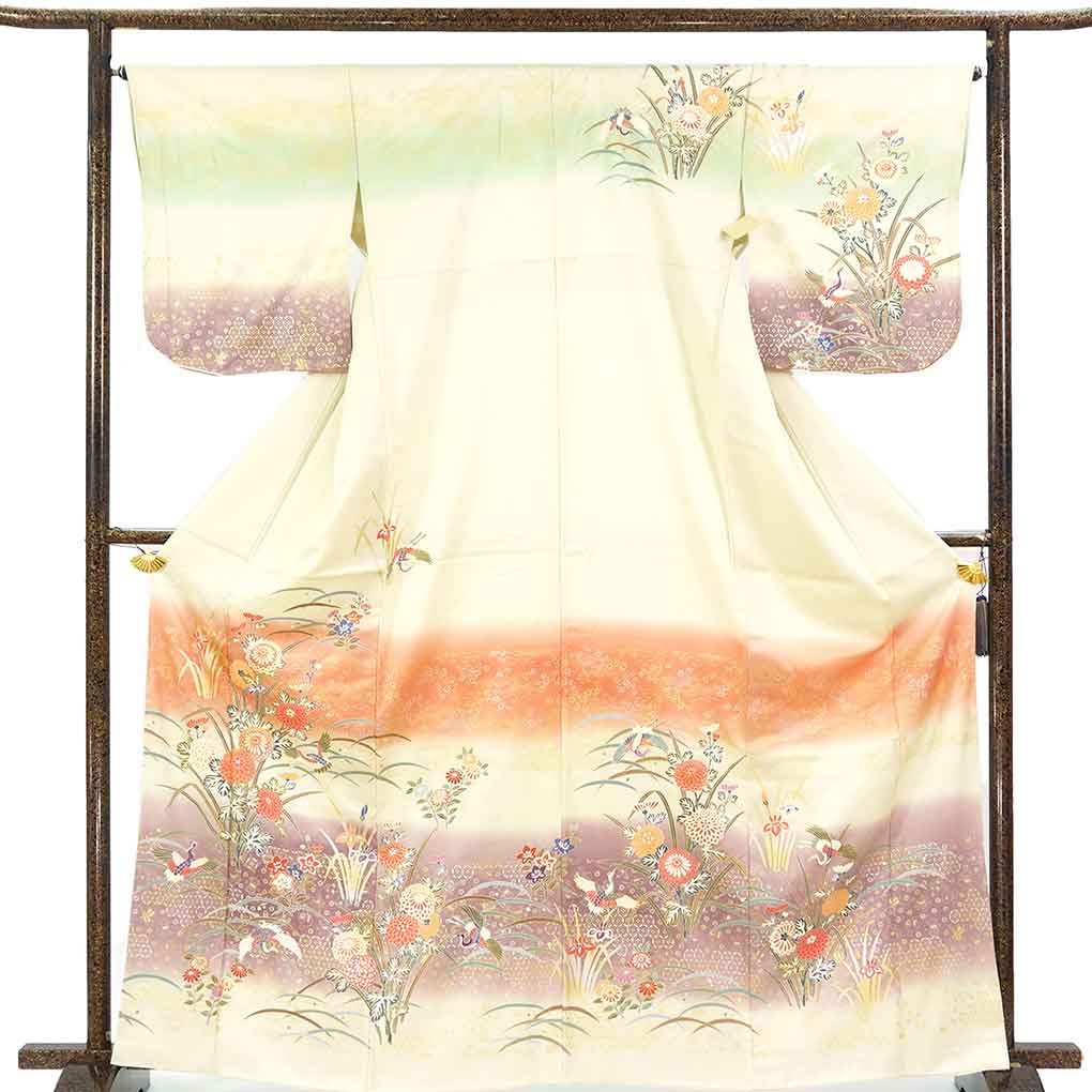 訪問着 リサイクル着物 身丈165cm 裄66cm 前幅24.5cm 後幅30cm 袖丈50cm 袖幅34cm レディース 袷 花柄 裄長 裄M-Lサイズ 秋冬春用 正絹（シルク）グリーン トールサイズ 未使用品 リメイク リユース【ランクS】