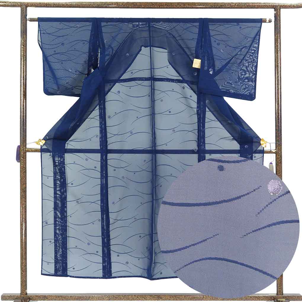 紋紗着物 リサイクル着物 身丈152cm 裄62cm 前幅23cm 後幅31cm 袖丈48.5cm 袖幅32cm レディース 露芝 裄Sサイズ 夏用 正絹（シルク）ネイビー 美品 リメイク リユース【ランクA】