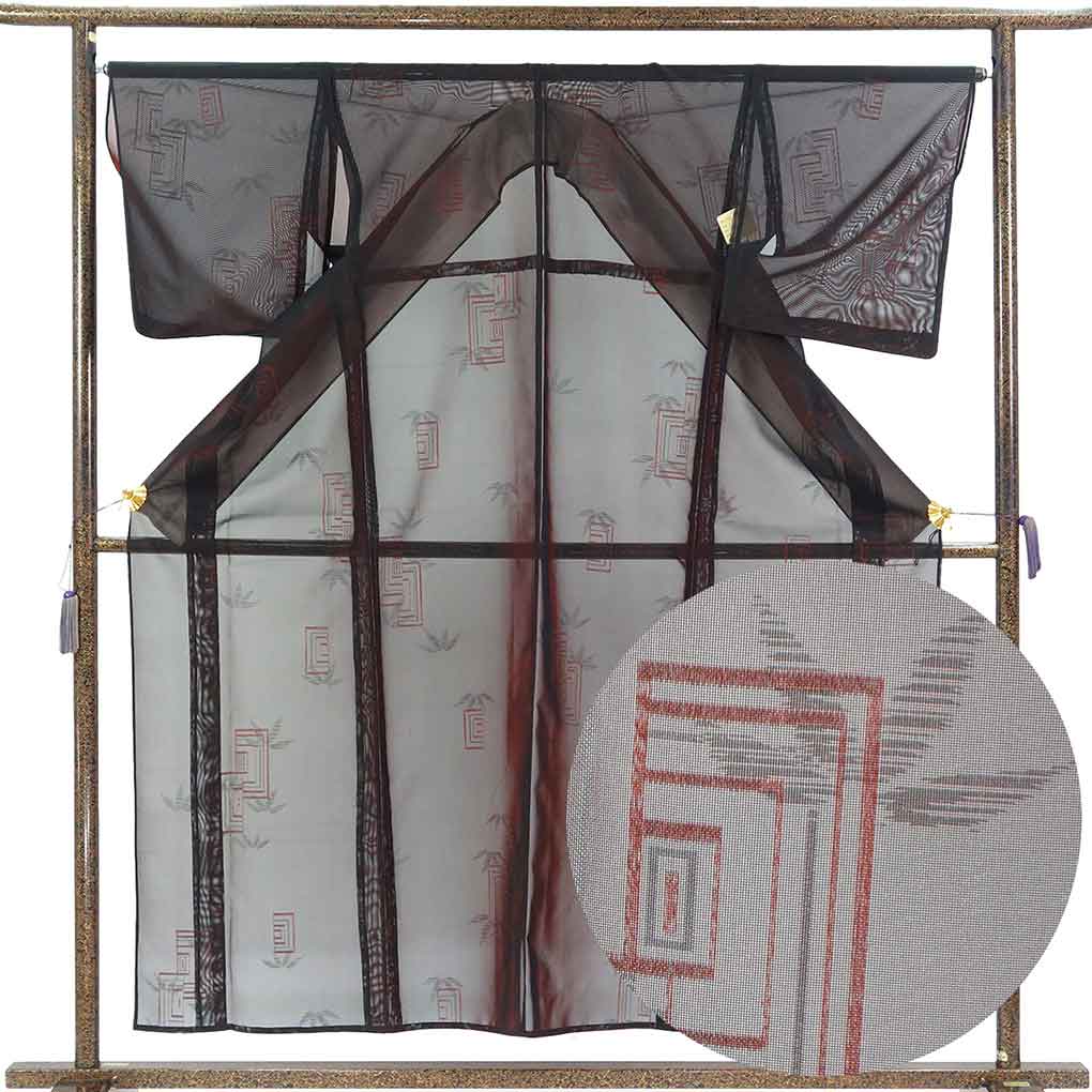 紋紗着物 リサイクル着物 身丈156cm 裄66cm 前幅25cm 後幅31cm 袖丈48cm 袖幅33cm レディース 笹 裄長 裄M-Lサイズ 夏用 正絹（シルク）ブラック 美品 リメイク リユース【ランクA】