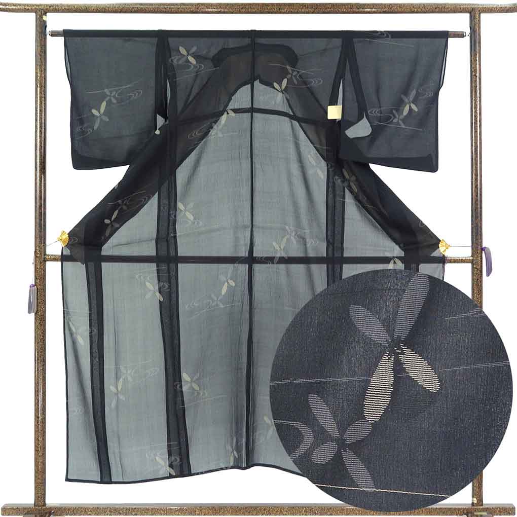 小紋 リサイクル着物 身丈153cm 裄63cm 前幅24cm 後幅30cm 袖丈49cm 袖幅32cm レディース 花柄 裄Mサイズ 夏用 正絹（シルク）ブラック やや難 リメイク リユース【ランクB】