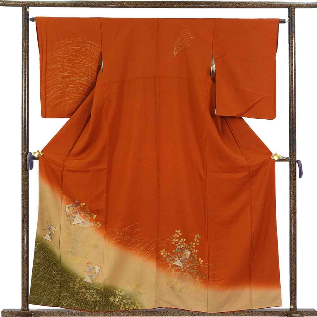 訪問着 リサイクル着物 身丈160cm 裄64cm 前幅24.5cm 後幅29.5cm 袖丈55cm 袖幅33cm レディース 袷 萩柄 裄Mサイズ 秋冬春用 正絹（シルク）ブラウン 美品 リメイク リユース【ランクA】
