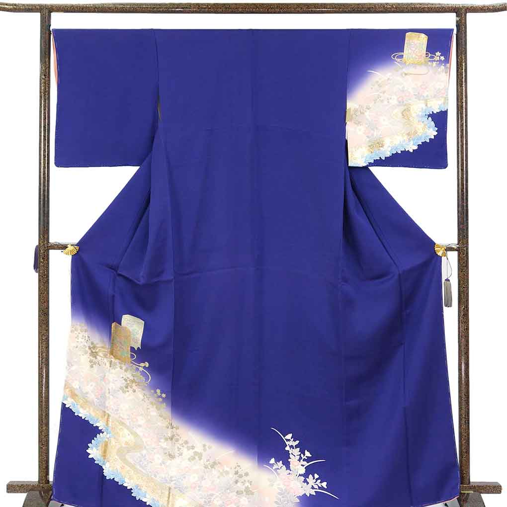 訪問着 リサイクル着物 身丈169cm 裄68cm 前幅24.5cm 後幅30cm 袖丈49cm 袖幅34cm レディース 袷 金彩 裄長 裄Lサイズ 秋冬春用 正絹（シルク）ネイビー トールサイズ やや難 リメイク リユース【ランクB】