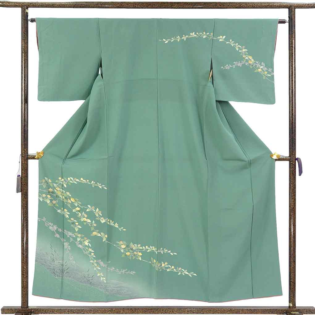 訪問着 リサイクル着物 身丈156cm 裄63cm 前幅24cm 後幅29cm 袖丈47cm 袖幅32.5cm レディース 袷 花柄 裄Mサイズ 秋冬春用 正絹（シルク）グリーン 美品 リメイク リユース【ランクA】