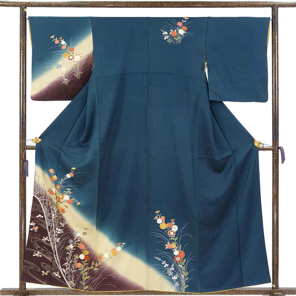 訪問着 リサイクル着物 身丈159cm 裄66cm 前幅25cm 後幅31cm 袖丈49cm 袖幅34cm レディース 袷 花柄 裄長 裄M-Lサイズ 秋冬春用 正絹（シルク）ネイビー やや難 リメイク リユース【ランクB】