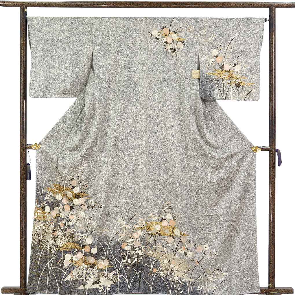訪問着 リサイクル着物 身丈163cm 裄66.5cm 前幅23.5cm 後幅29cm 袖丈49cm 袖幅34cm レディース 袷 たたき染 裄長 裄M-Lサイズ 秋冬春用 正絹（シルク）ブラック 未使用品 リメイク リユース【ランクS】