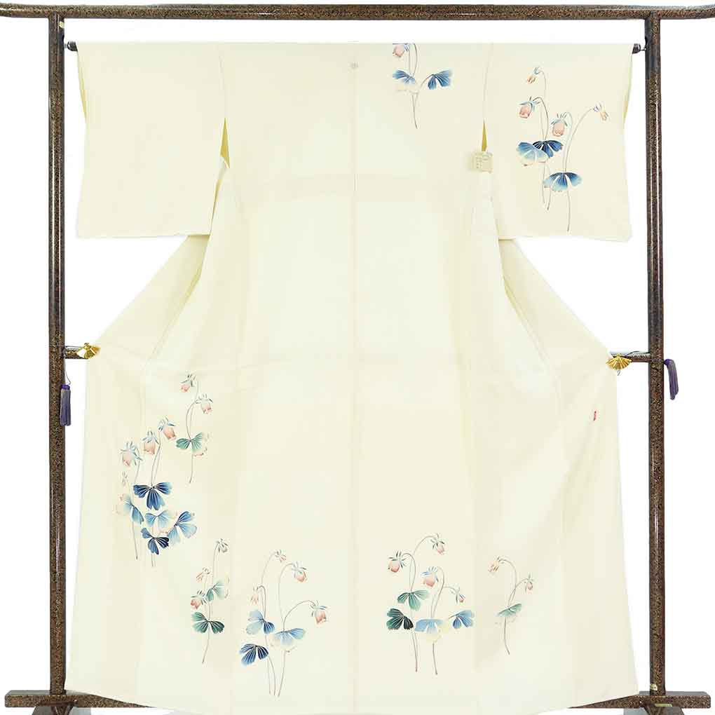 訪問着 リサイクル着物 身丈164cm 裄65cm 前幅23.5cm 後幅29cm 袖丈49cm 袖幅32.5cm レディース 袷 花柄 裄Mサイズ 秋冬春用 正絹（シルク）イエロー トールサイズ 未使用品 リメイク リユース【ランクS】