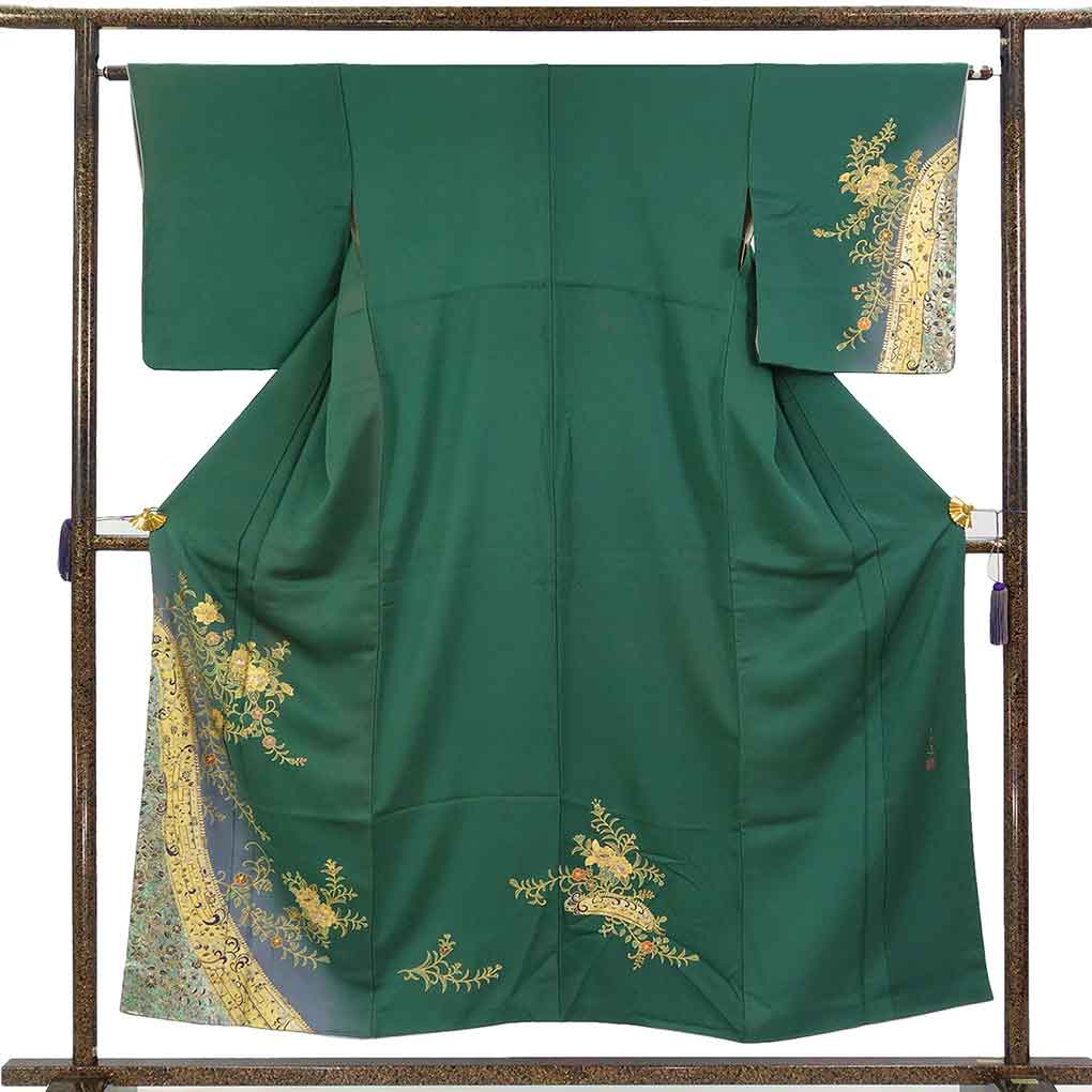 訪問着 リサイクル着物 身丈154cm 裄63cm 前幅23cm 後幅29cm 袖丈49cm 袖幅31.5cm レディース 袷 金彩 裄Mサイズ 秋冬春用 正絹（シルク）グリーン 難有り リメイク リユース【ランクC】