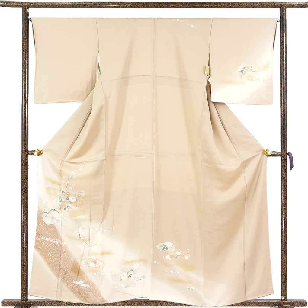 訪問着 リサイクル着物 身丈160cm 裄66cm 前幅24.5cm 後幅29.5cm 袖丈49cm 袖幅34cm レディース 袷 扇面 裄長 裄M-Lサイズ 秋冬春用 正絹（シルク）ブラウン やや難 リメイク リユース【ランクB】