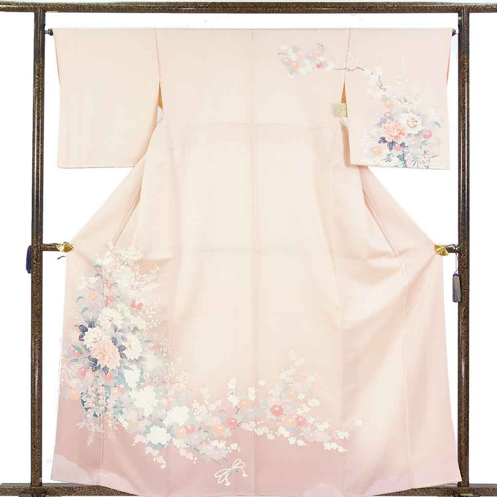 訪問着 リサイクル着物 身丈162cm 裄66cm 前幅24cm 後幅29.5cm 袖丈49cm 袖幅33cm レディース 袷 花柄 裄長 裄M-Lサイズ 秋冬春用 正絹（シルク）ピンク やや難 リメイク リユース【ランクB】