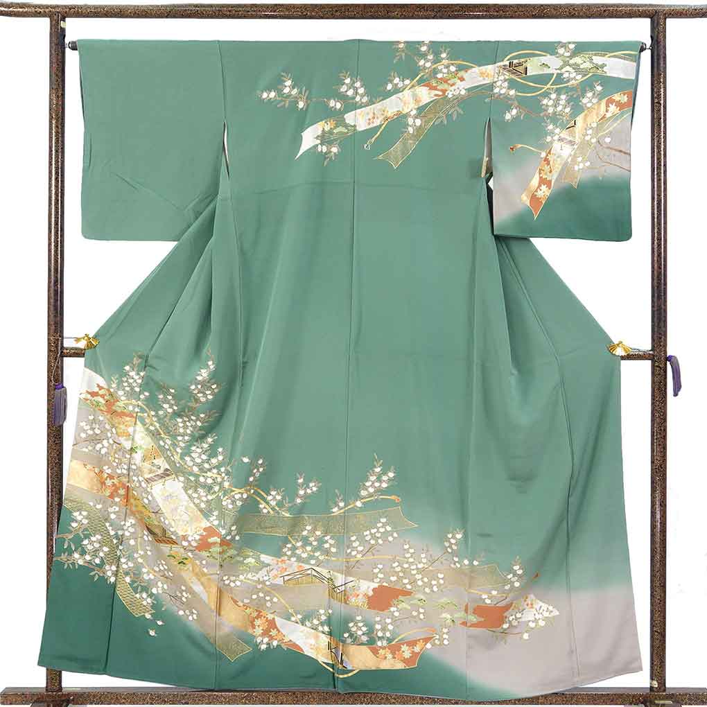 訪問着 リサイクル着物 身丈158cm 裄66cm 前幅27cm 後幅31.5cm 袖丈49cm 袖幅33cm レディース 袷 橘 裄長 裄M-Lサイズ 秋冬春用 正絹（シルク）グリーン 美品 リメイク リユース【ランクA】