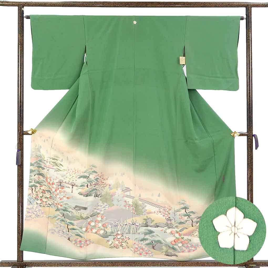 色留袖 リサイクル着物 身丈158cm 裄64cm 前幅24.5cm 後幅30cm 袖丈48cm 袖幅32cm レディース 袷 庭園 裄Mサイズ 秋冬春用 正絹（シルク）グリーン やや難 リメイク リユース【ランクB】