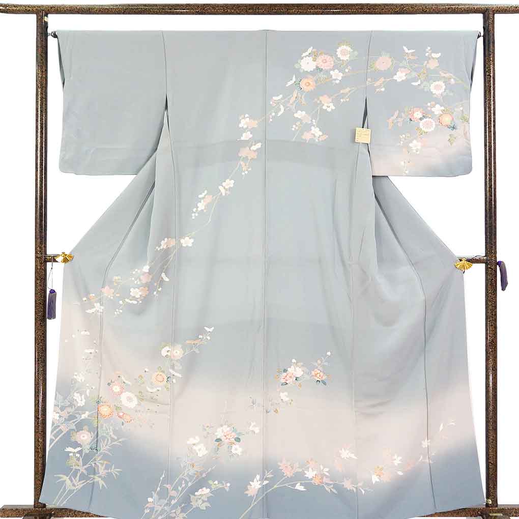 訪問着 リサイクル着物 身丈163cm 裄65cm 前幅25cm 後幅30.5cm 袖丈49cm 袖幅33cm レディース 袷 花柄 裄Mサイズ 秋冬春用 正絹（シルク）ブルー 美品 リメイク リユース【ランクA】