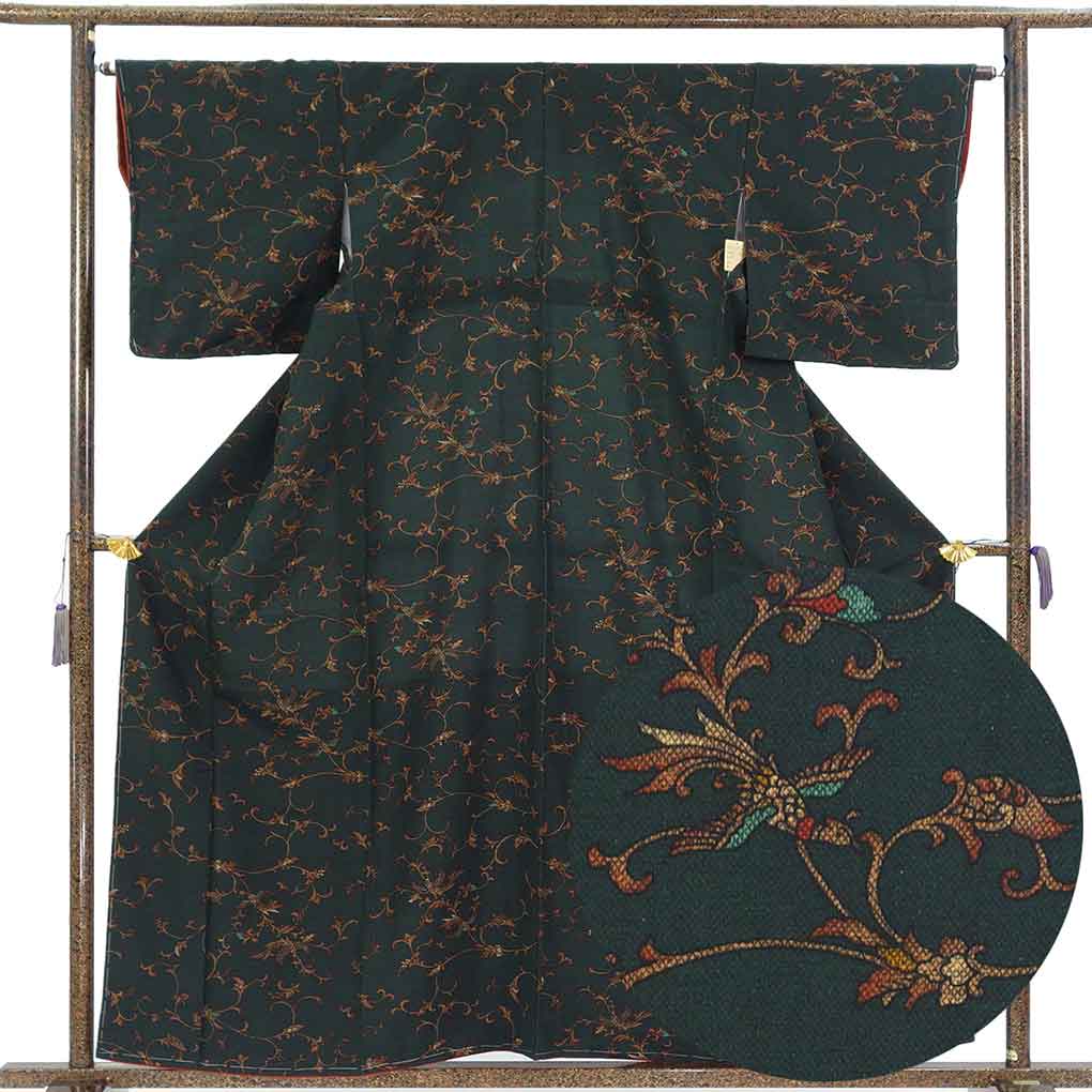 小紋 リサイクル着物 身丈161cm 裄65cm 前幅24.5cm 後幅30cm 袖丈49cm 袖幅32cm レディース 袷 鳳凰 裄Mサイズ 秋冬春用 正絹（シルク）グリーン 未使用品 リメイク リユース【ランクS】