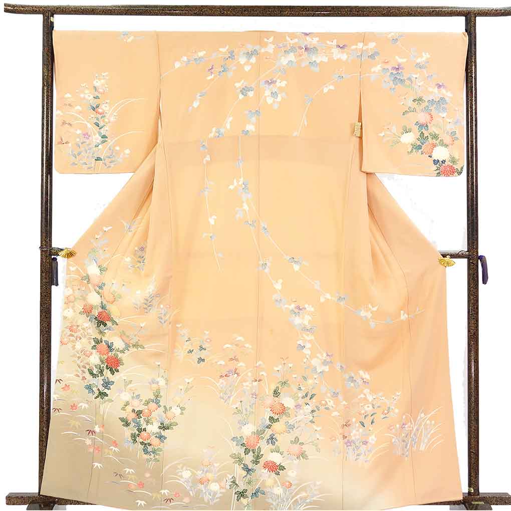 訪問着 リサイクル着物 身丈162cm 裄68cm 前幅24cm 後幅30cm 袖丈49cm 袖幅34cm レディース 袷 花柄 裄長 裄Lサイズ 秋冬春用 正絹（シルク）オレンジ やや難 リメイク リユース【ランクB】