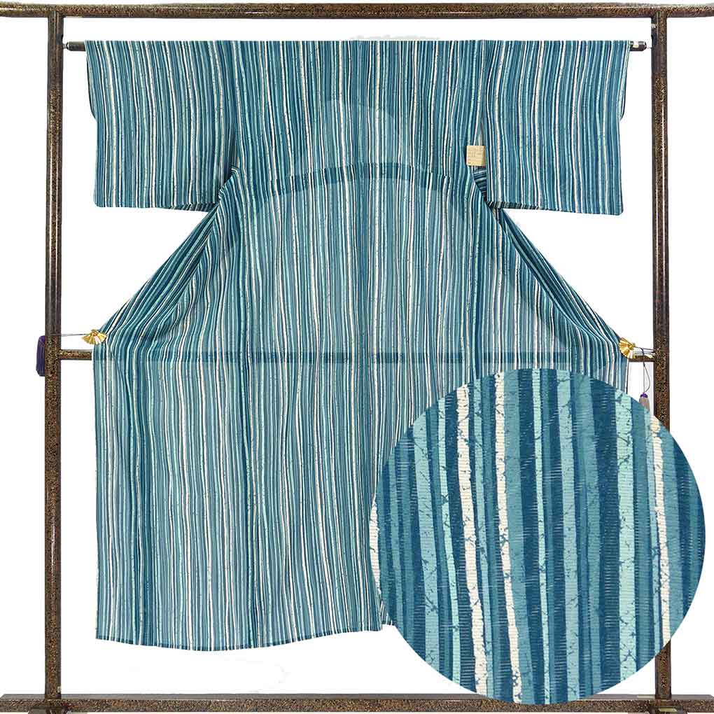 小紋 リサイクル着物 身丈150cm 裄64cm 前幅25cm 後幅30cm 袖丈43cm 袖幅32.5cm レディース 縦縞 裄Mサイズ 夏用 正絹（シルク）ブルー 美品 リメイク リユース【ランクA】