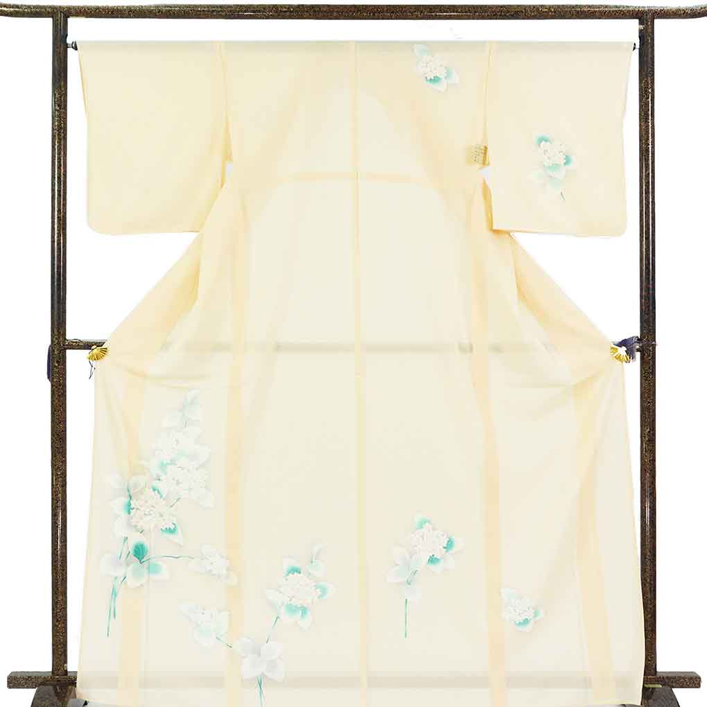 訪問着 リサイクル着物 身丈170cm 裄66cm 前幅25cm 後幅31cm 袖丈50cm 袖幅33cm レディース 紫陽花 裄長 裄M-Lサイズ 夏用 正絹（シルク）オレンジ トールサイズ やや難 リメイク リユース【ランクB】
