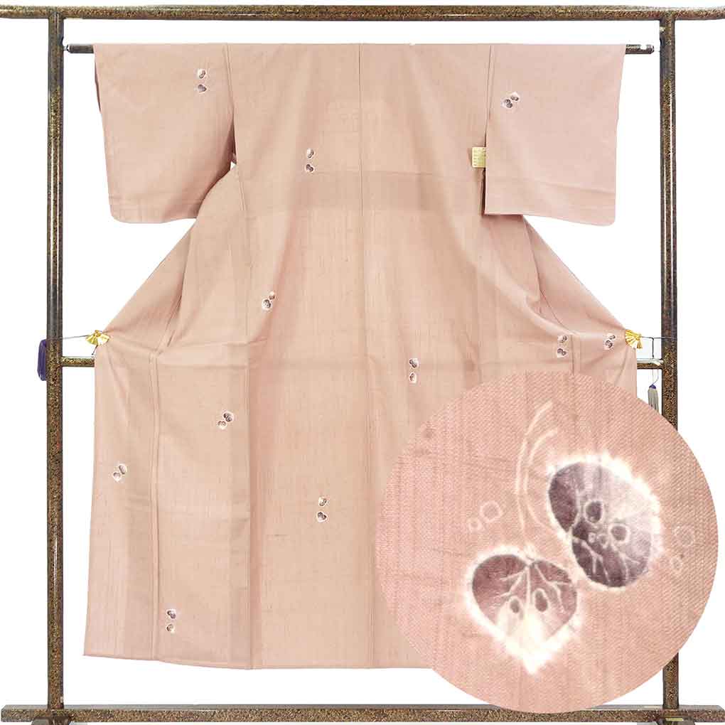 紬 リサイクル着物 身丈151cm 裄61cm 前幅23cm 後幅31cm 袖丈45cm 袖幅30cm レディース 単衣 絞り 裄Sサイズ 初夏・初秋用 正絹（シルク）ピンク 未使用品 リメイク リユース【ランクS】