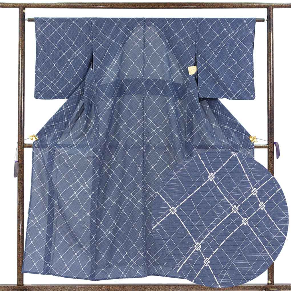 小紋 リサイクル着物 身丈157cm 裄64cm 前幅27cm 後幅31.5cm 袖丈49cm 袖幅32cm レディース 連続模様 裄Mサイズ 夏用 正絹（シルク）ネイビー やや難 リメイク リユース【ランクB】