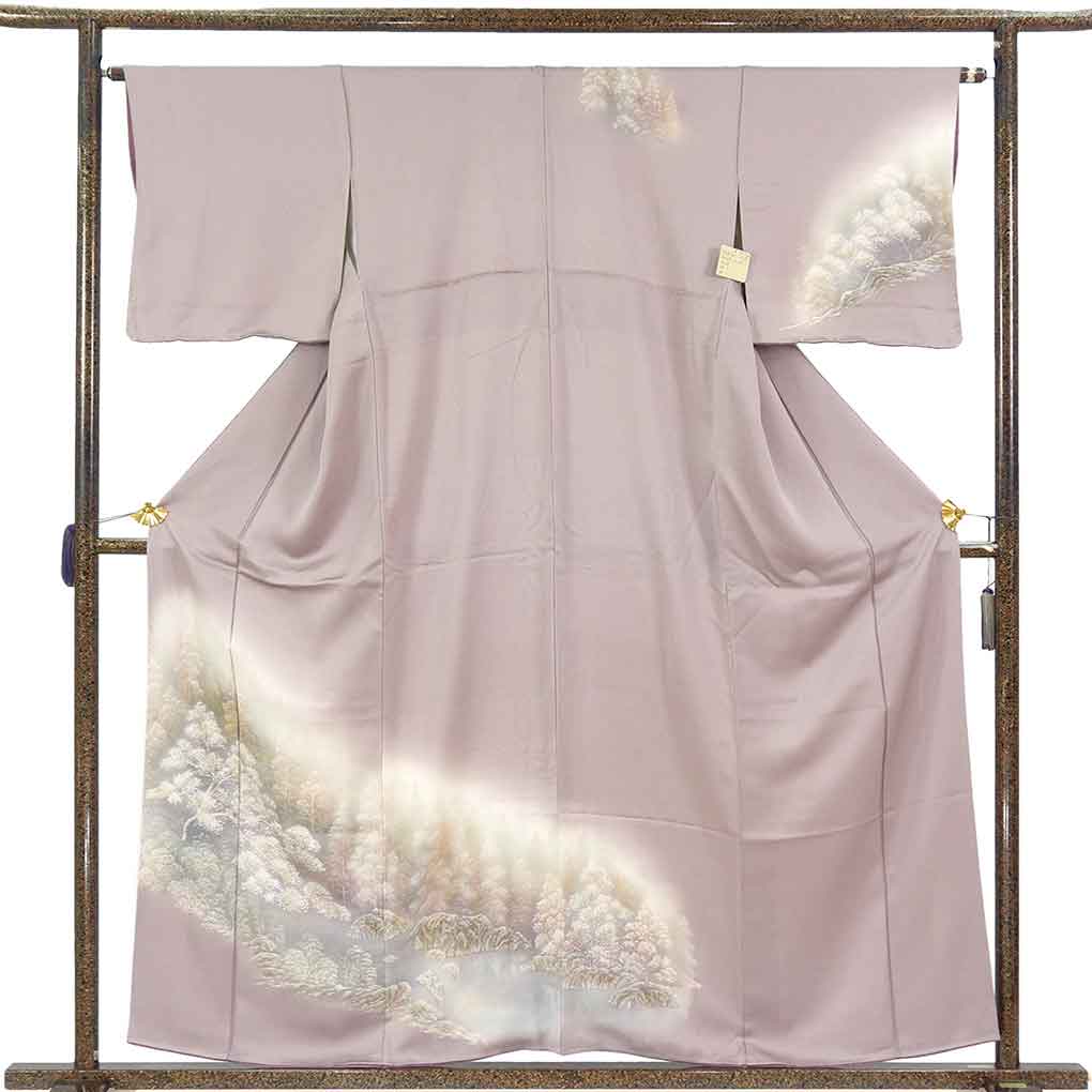 訪問着 リサイクル着物 身丈158cm 裄65cm 前幅24cm 後幅30cm 袖丈45cm 袖幅32.5cm レディース 袷 木立 裄Mサイズ 秋冬春用 正絹（シルク）パープル やや難 リメイク リユース【ランクB】