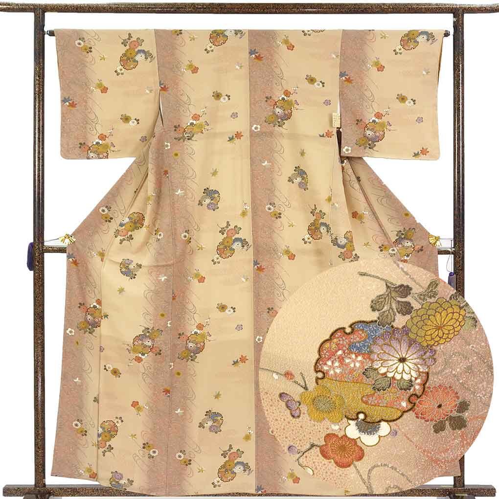 小紋 リサイクル着物 身丈160cm 裄65cm 前幅25cm 後幅30.5cm 袖丈45.5cm 袖幅33cm レディース 袷 雪輪 裄Mサイズ 秋冬春用 ポリエステル ブラウン 未使用品 リメイク リユース【ランクS】