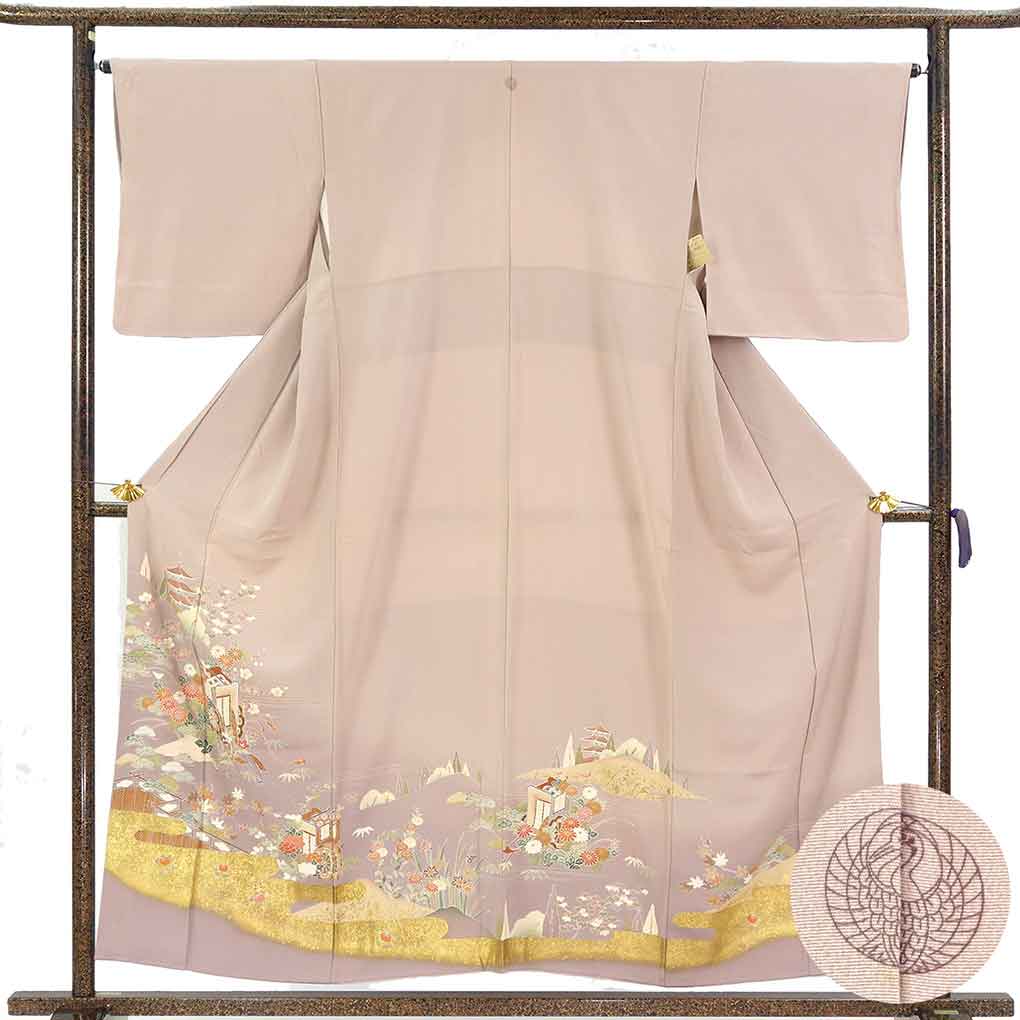 色留袖 リサイクル着物 身丈156cm 裄65cm 前幅24cm 後幅30cm 袖丈47.5cm 袖幅33cm レディース 袷 御所車 裄Mサイズ 秋冬春用 正絹（シルク）ピンク やや難 リメイク リユース【ランクB】