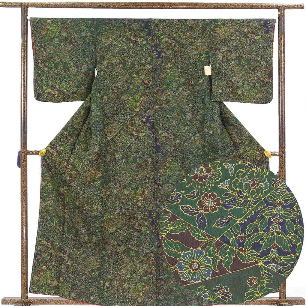 小紋 リサイクル着物 身丈161cm 裄66cm 前幅24cm 後幅31cm 袖丈49cm 袖幅34cm レディース 袷 花柄 裄長 裄M-Lサイズ 秋冬春用 ポリエステル グリーン 未使用品 リメイク リユース【ランクS】
