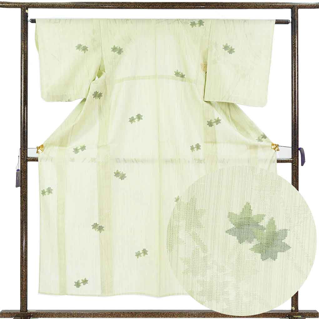 紋紗着物 リサイクル着物 身丈154cm 裄62cm 前幅25cm 後幅28.5cm 袖丈49cm 袖幅32cm レディース 紅葉 裄Sサイズ 夏用 正絹（シルク）グリーン やや難 リメイク リユース【ランクB】