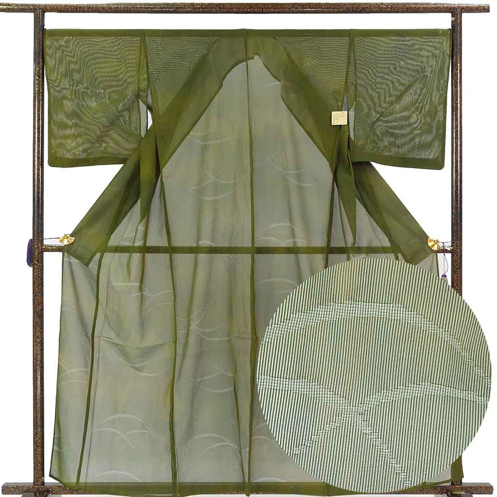紋紗着物 リサイクル着物 身丈161cm 裄68cm 前幅32.5cm 後幅34cm 袖丈48cm 袖幅34cm レディース 露芝 裄長 裄Lサイズ 夏用 正絹（シルク）グリーン やや難 リメイク リユース【ランクB】
