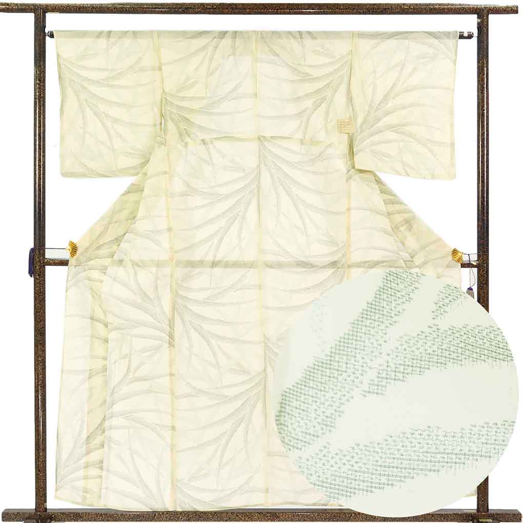 紬 リサイクル着物 身丈160cm 裄65cm 前幅23.5cm 後幅30cm 袖丈49cm 袖幅33cm レディース 植物 裄Mサイズ 夏用 正絹（シルク）イエロー やや難 リメイク リユース【ランクB】