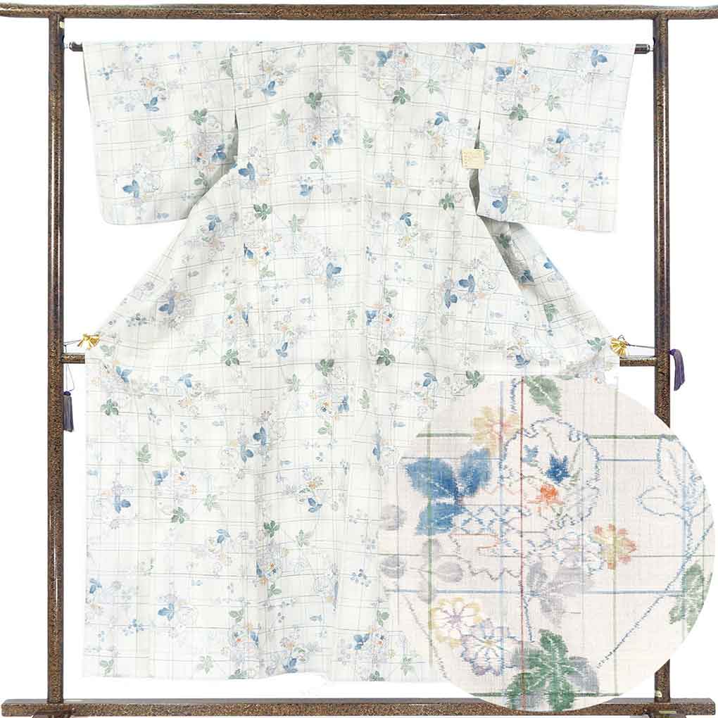 紬 リサイクル着物 身丈156cm 裄64cm 前幅25.5cm 後幅29.5cm 袖丈47cm 袖幅33cm レディース 単衣 花柄 裄Mサイズ 初夏・初秋用 正絹（シルク）グレー やや難 リメイク リユース【ランクB】