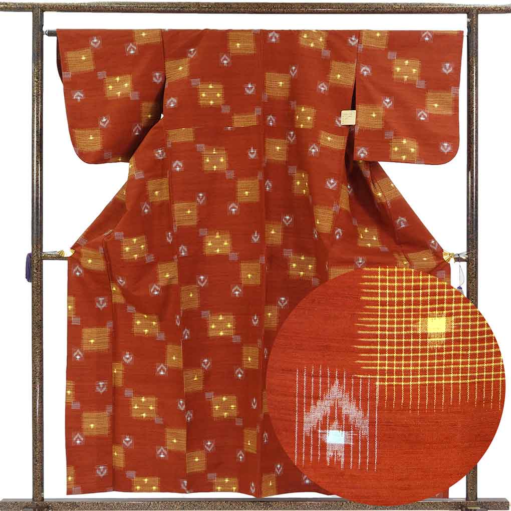 紬 リサイクル着物 身丈160cm 裄66cm 前幅25cm 後幅31cm 袖丈48.5cm 袖幅33cm レディース 単衣 絣模様 裄長 裄M-Lサイズ 初夏・初秋用 正絹（シルク）ブラウン 美品 リメイク リユース【ランクA】