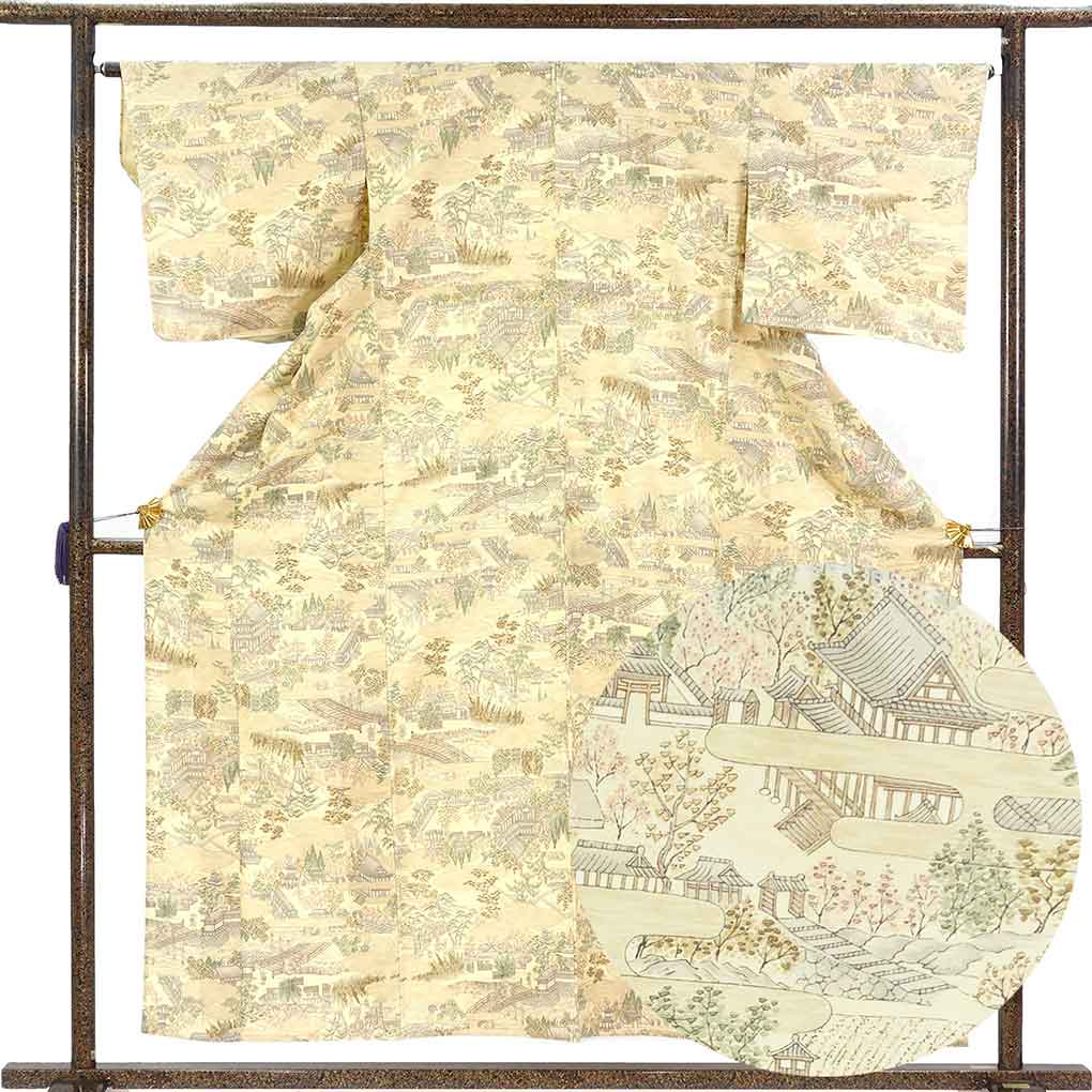 紬 リサイクル着物 身丈158cm 裄66cm 前幅24cm 後幅29.5cm 袖丈48cm 袖幅35cm レディース 単衣 風景画 裄長 裄M-Lサイズ 初夏・初秋用 正絹（シルク）ブラウン 美品 リメイク リユース【ランクA】