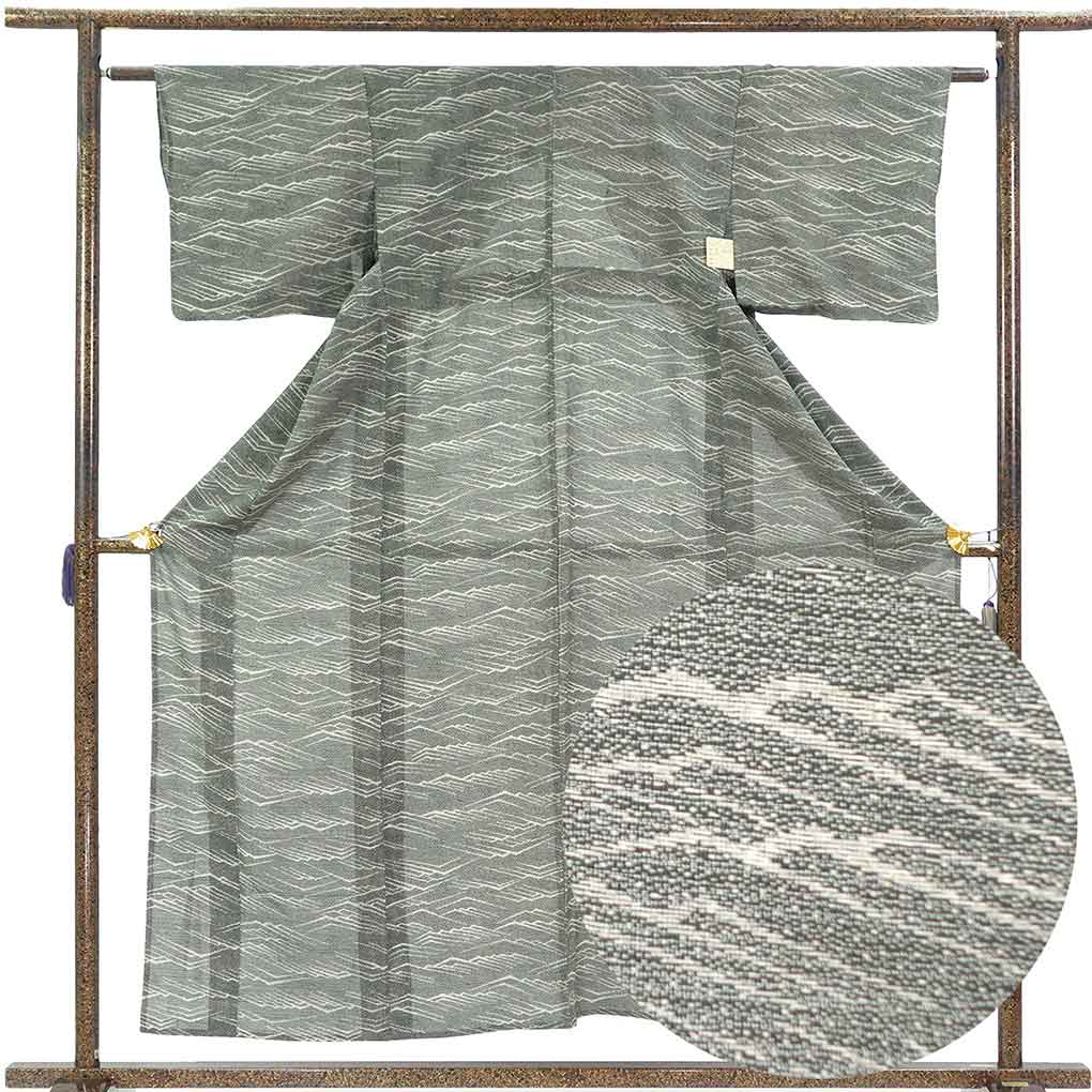 小紋 リサイクル着物 身丈157cm 裄62cm 前幅24cm 後幅29cm 袖丈43cm 袖幅31cm レディース 連続模様 裄Sサイズ 夏用 正絹（シルク）ブラック 美品 リメイク リユース【ランクA】