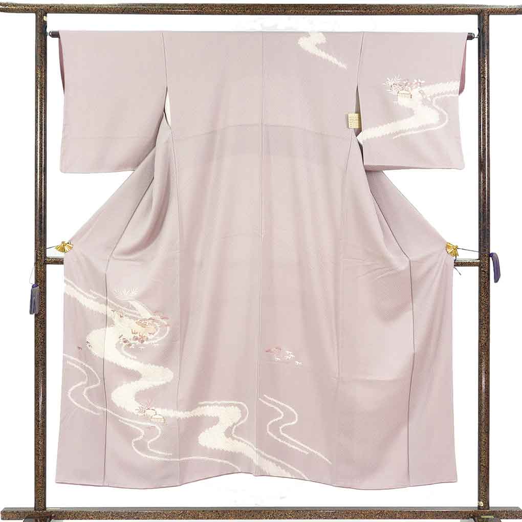 付下 リサイクル着物 身丈152cm 裄64cm 前幅24.5cm 後幅30.5cm 袖丈47cm 袖幅32cm レディース 袷 絞り 裄Mサイズ 秋冬春用 正絹（シルク）パープル 美品 リメイク リユース【ランクA】