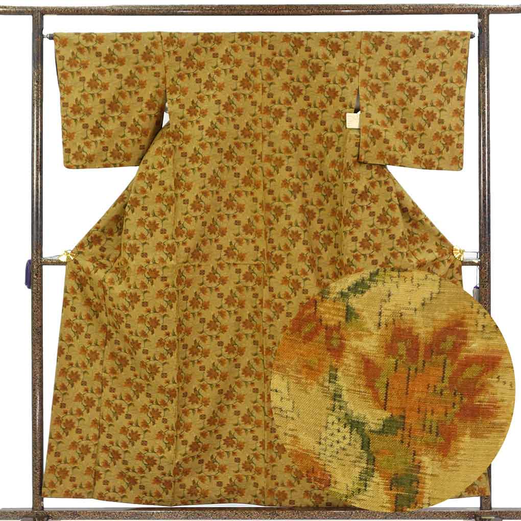 紬 リサイクル着物 身丈160cm 裄65cm 前幅25.5cm 後幅30cm 袖丈47cm 袖幅33cm レディース 袷 花柄 裄Mサイズ 秋冬春用 正絹（シルク）ブラウン 美品 リメイク リユース【ランクA】