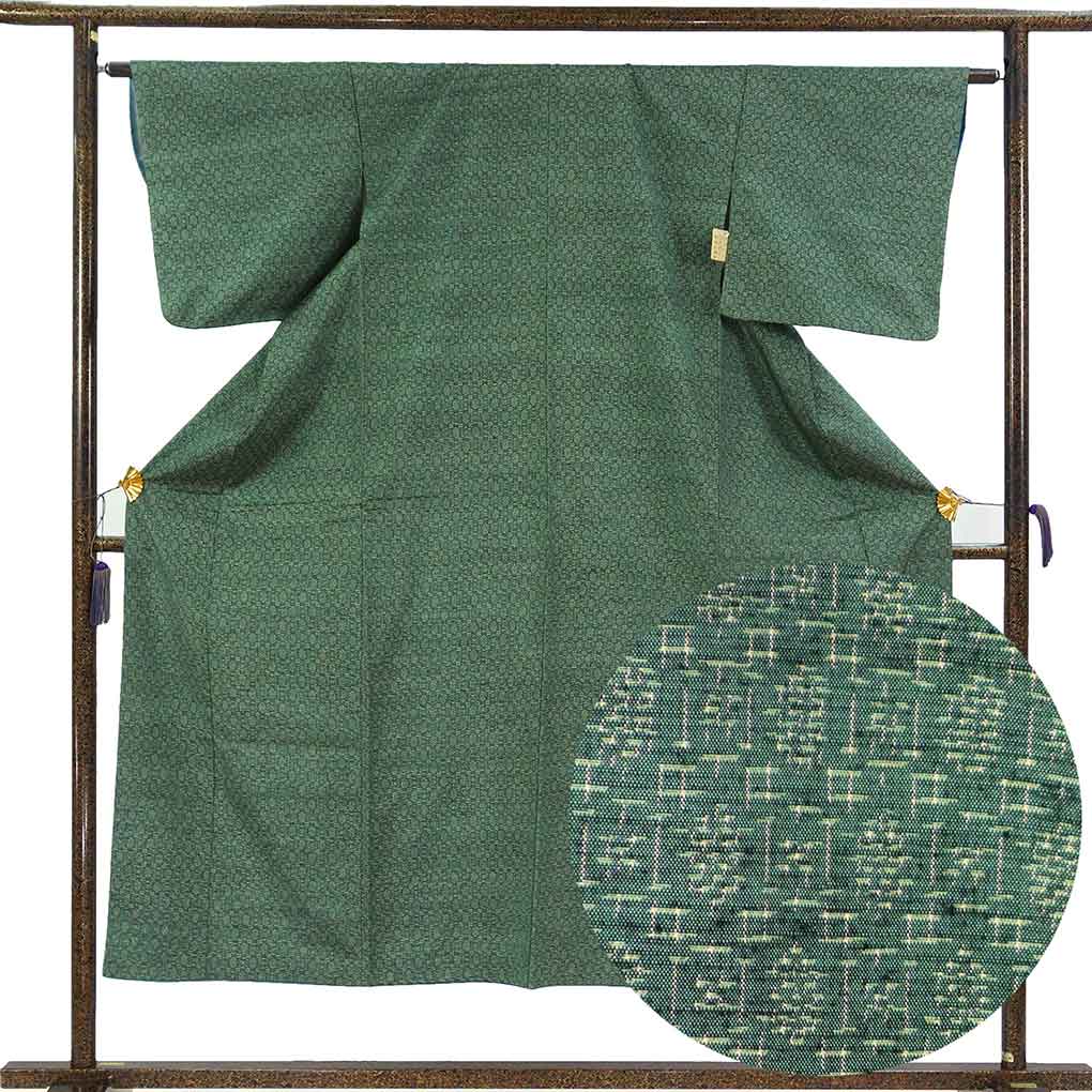 紬 リサイクル着物 身丈150cm 裄62cm 前幅24cm 後幅29.5cm 袖丈45cm 袖幅32.5cm レディース 袷 絣模様 裄Sサイズ 秋冬春用 正絹（シルク）グリーン 美品 リメイク リユース【ランクA】
