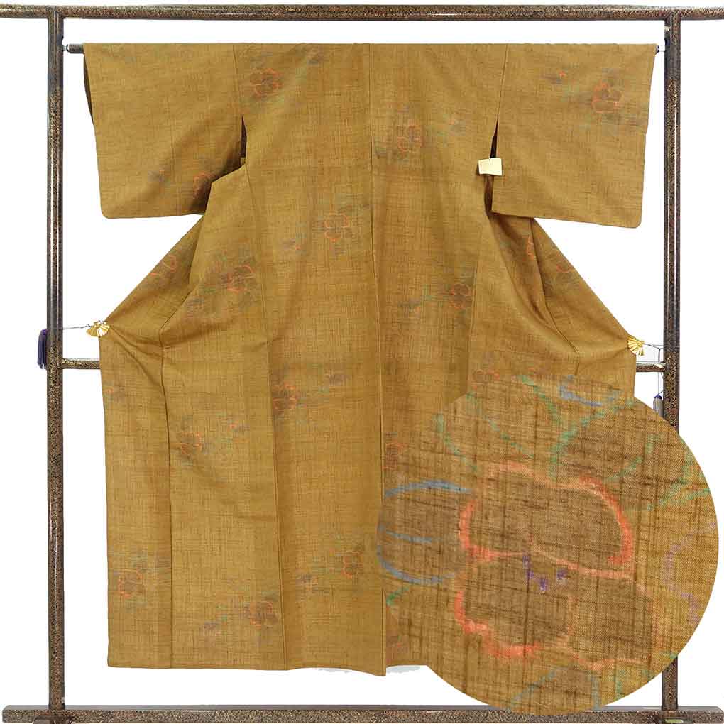 紬 リサイクル着物 身丈153cm 裄65cm 前幅26cm 後幅29.5cm 袖丈45cm 袖幅33cm レディース 単衣 花柄 裄Mサイズ 初夏・初秋用 正絹（シルク）ブラウン 美品 リメイク リユース【ランクA】