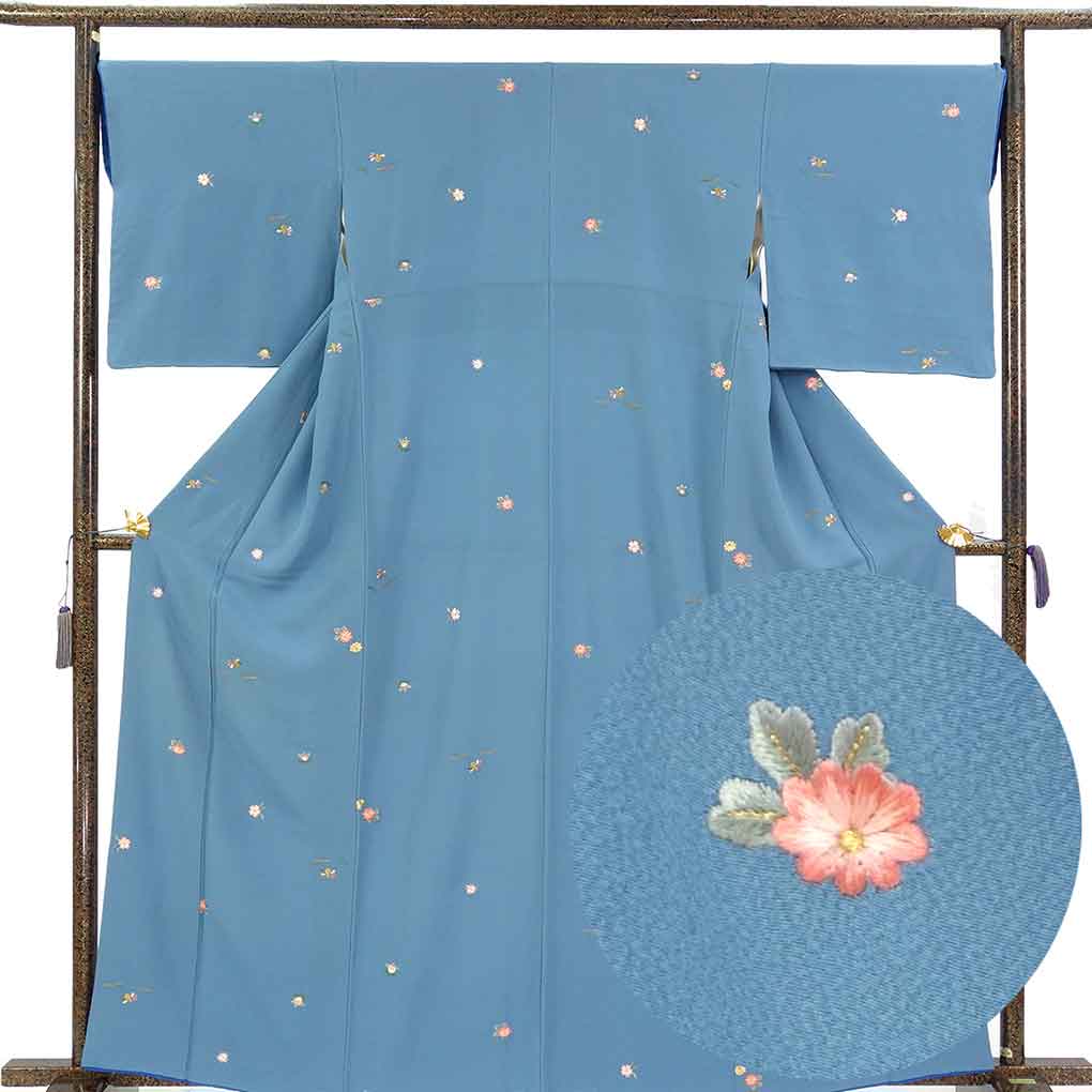 小紋 リサイクル着物 身丈163cm 裄68cm 前幅24cm 後幅30cm 袖丈49cm 袖幅35cm レディース 袷 花柄 裄長 裄Lサイズ 秋冬春用 正絹（シルク）ブルー やや難 リメイク リユース【ランクB】