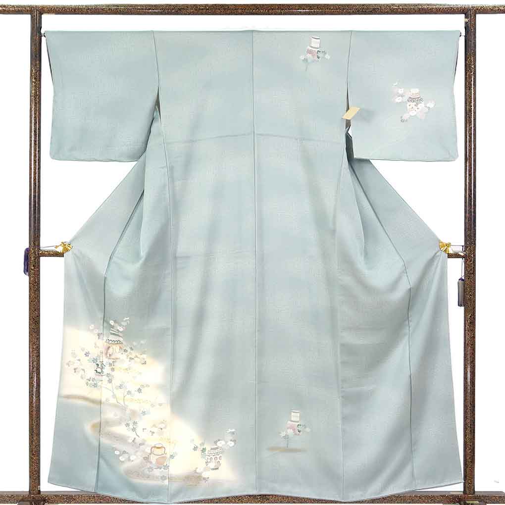 訪問着 リサイクル着物 身丈160cm 裄66cm 前幅24cm 後幅29cm 袖丈45cm 袖幅34cm レディース 袷 花柄 裄長 裄M-Lサイズ 秋冬春用 正絹（シルク）ブルー 未使用品 リメイク リユース【ランクS】