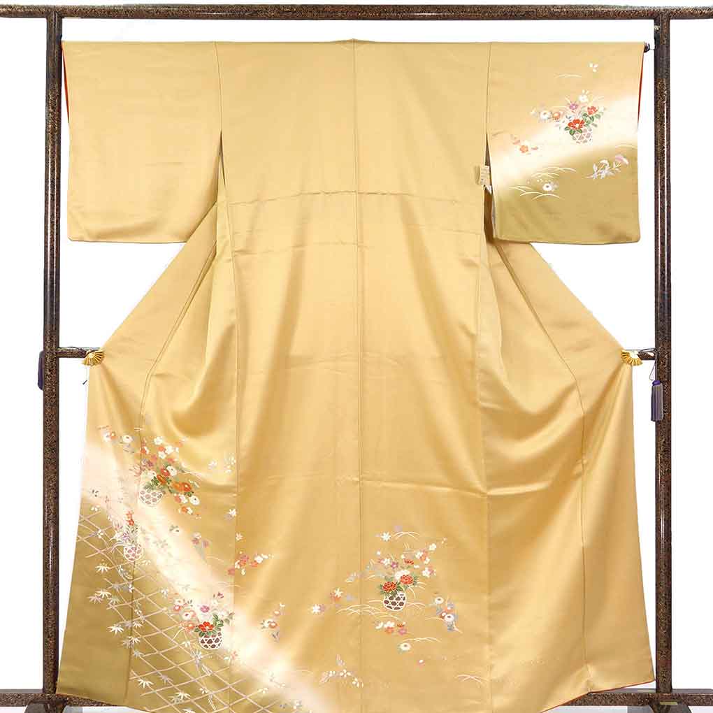 訪問着 リサイクル着物 身丈164cm 裄66cm 前幅25cm 後幅30cm 袖丈49cm 袖幅34.5cm レディース 袷 花柄 裄長 裄M-Lサイズ 秋冬春用 正絹（シルク）ブラウン トールサイズ 美品 リメイク リユース【ランクA】