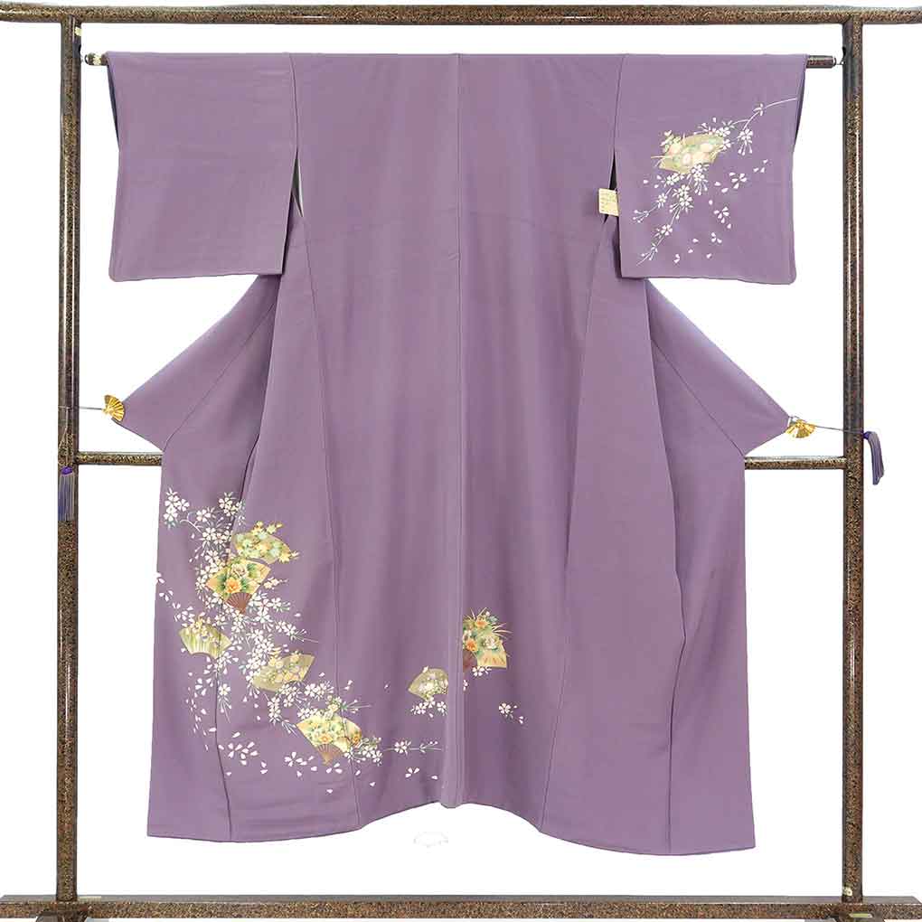 訪問着 リサイクル着物 身丈146cm 裄62cm 前幅23.5cm 後幅29cm 袖丈43cm 袖幅32cm レディース 袷 扇面 裄Sサイズ 秋冬春用 正絹（シルク）パープル 美品 リメイク リユース【ランクA】