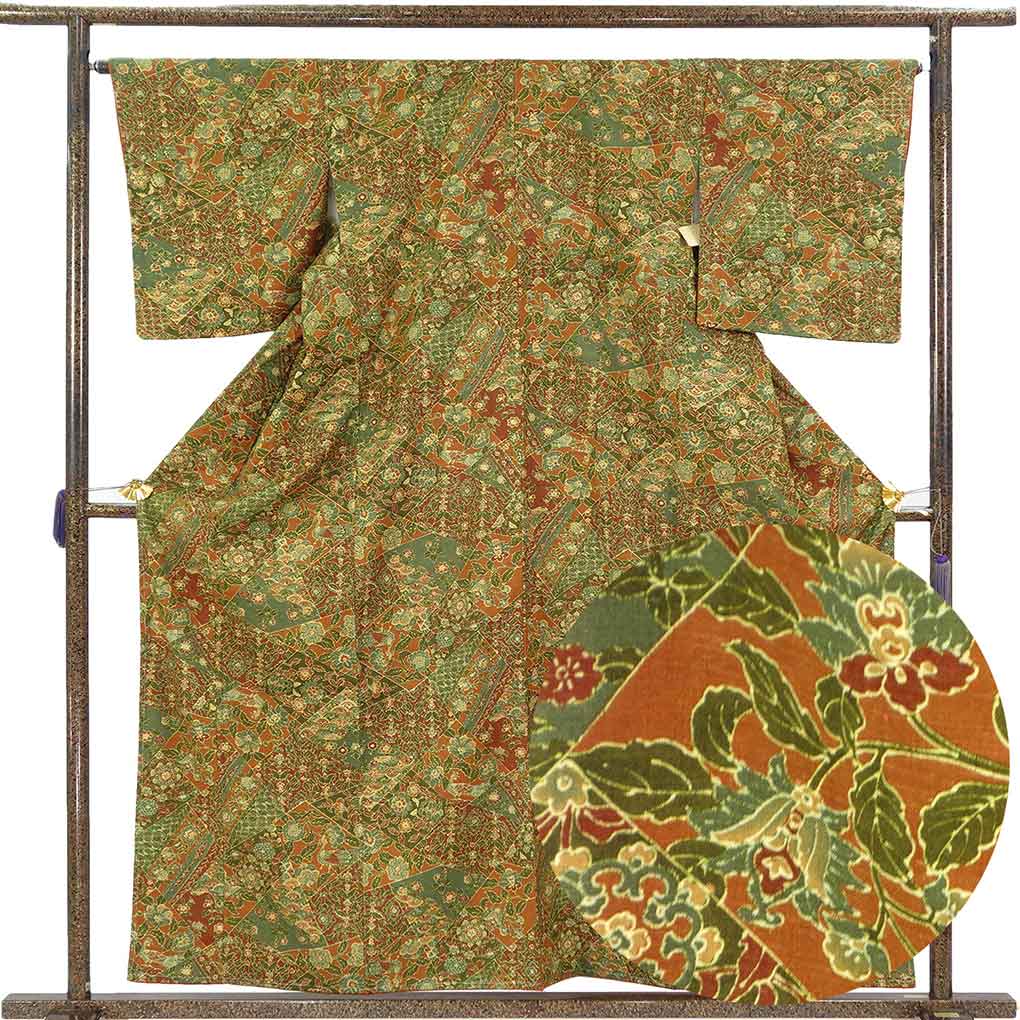 紬 リサイクル着物 身丈160cm 裄66cm 前幅24cm 後幅29.5cm 袖丈48cm 袖幅33cm レディース 袷 花柄 裄長 裄M-Lサイズ 秋冬春用 正絹（シルク）グリーン 未使用品 結城紬 リメイク リユース【ランクS】