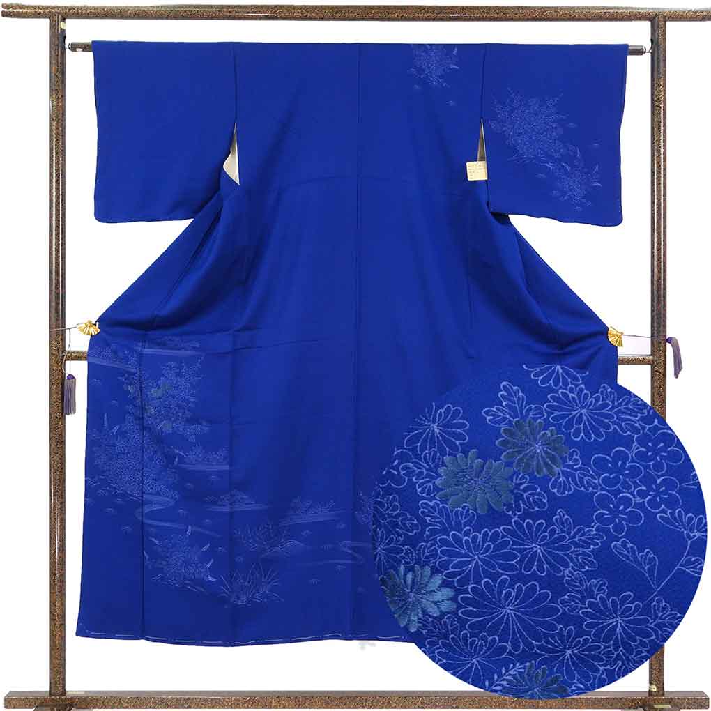 訪問着 リサイクル着物 身丈149cm 裄63cm 前幅21cm 後幅30cm 袖丈45cm 袖幅32.5cm レディース 袷 花柄 裄Mサイズ 秋冬春用 正絹（シルク）ネイビー 未使用品 リメイク リユース【ランクS】