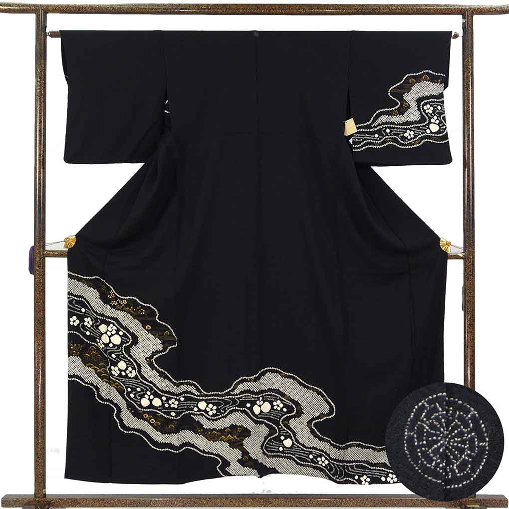 訪問着 リサイクル着物 身丈157cm 裄64cm 前幅24cm 後幅30cm 袖丈47cm 袖幅31.5cm レディース 単衣 絞り 裄Mサイズ 初夏・初秋用 正絹（シルク）ブラック やや難 リメイク リユース【ランクB】