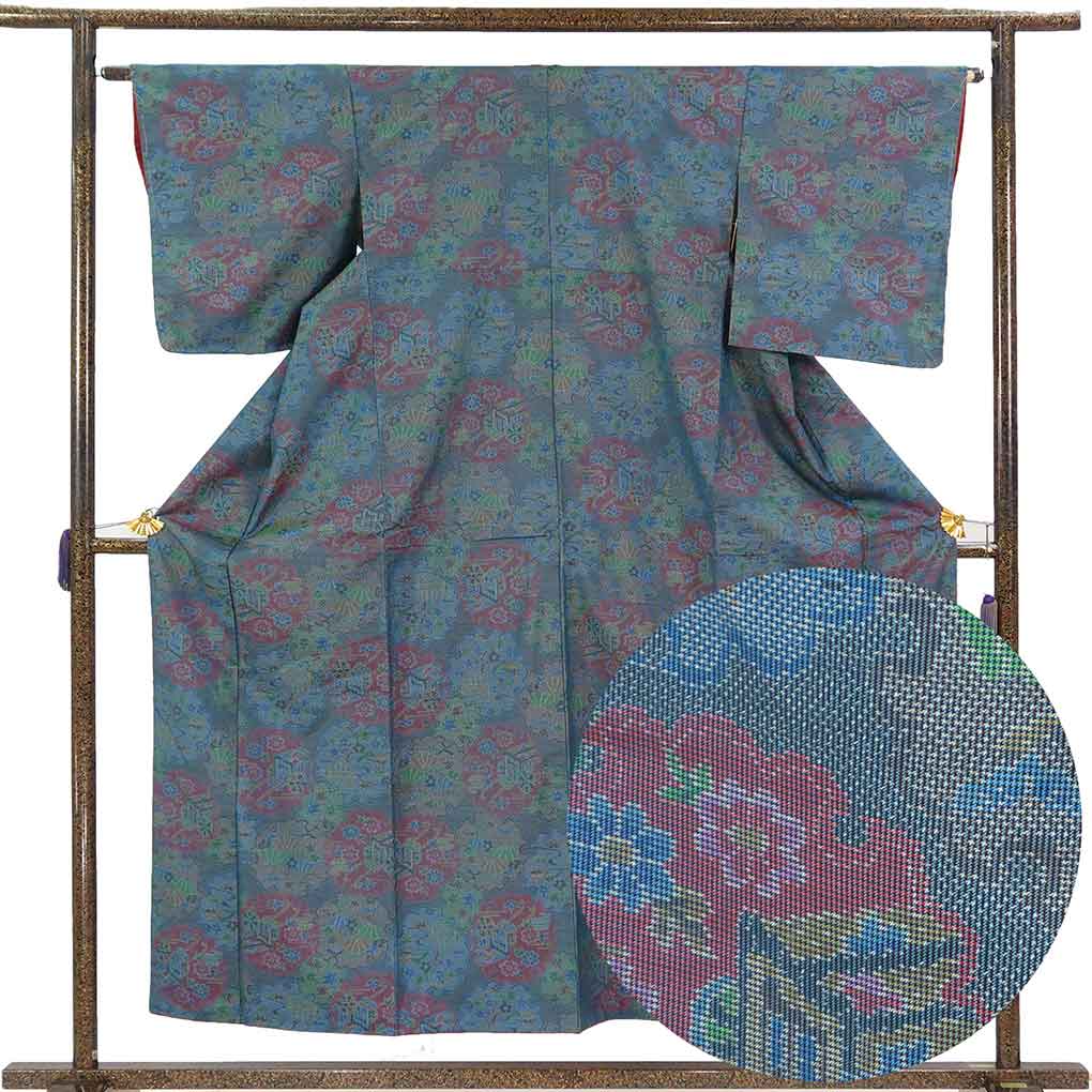 紬 リサイクル着物 身丈156cm 裄62.5cm 前幅25cm 後幅28.5cm 袖丈49cm 袖幅32cm レディース 袷 雪輪 裄Sサイズ 秋冬春用 正絹（シルク）ネイビー 未使用品 大島紬 リメイク リユース【ランクS】