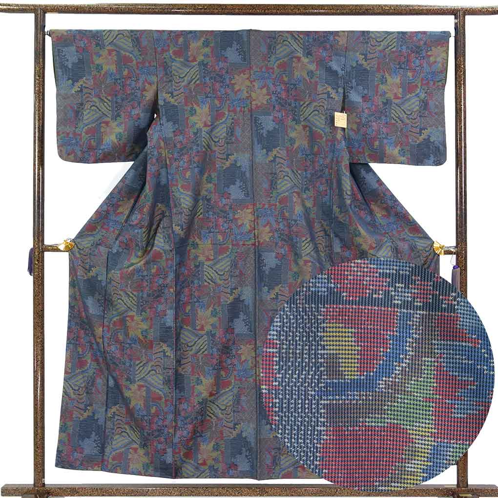 紬 リサイクル着物 身丈157cm 裄66cm 前幅24cm 後幅29.5cm 袖丈48cm 袖幅33.5cm レディース 袷 連続模様 裄長 裄M-Lサイズ 秋冬春用 正絹（シルク）ネイビー 美品 リメイク リユース【ランクA】