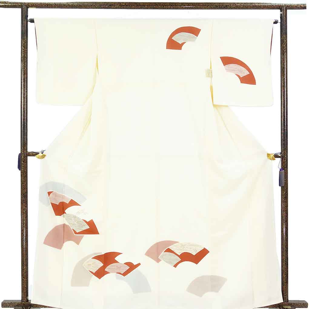 訪問着 リサイクル着物 身丈163cm 裄64.5cm 前幅24cm 後幅30cm 袖丈49cm 袖幅32cm レディース 袷 扇面 裄Mサイズ 秋冬春用 正絹（シルク）イエロー 未使用品 リメイク リユース【ランクS】